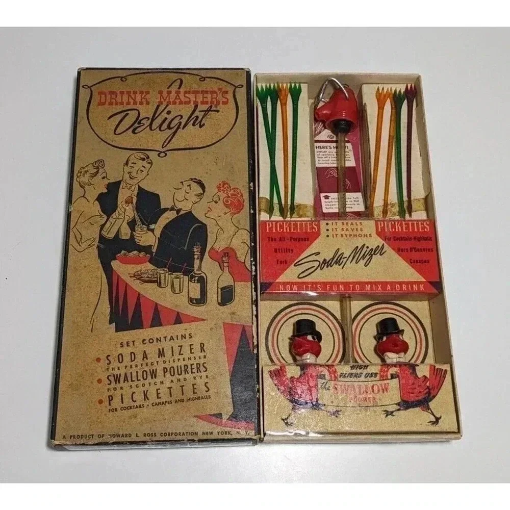 Vintage 1940s Drink Masters Delight Barware Set Swallow Pourer Soda Mizer Retro